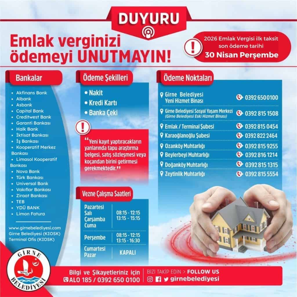 Girne Belediyesi Emlak Vergisi İlk Taksit Ödemelerinde Son Tarih 30 Nisan